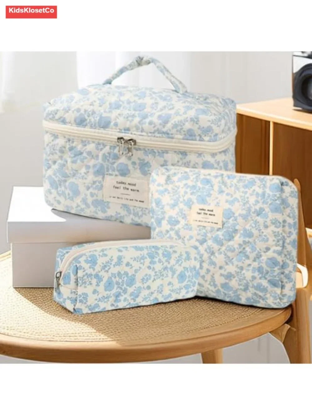 Cotton Quilted Makeup Bag Set Floral Cosmetic Toiletry Travel Organizer 3 Piece